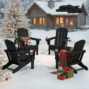 SERWALL Folding Adirondack Chair Set of 4 with Dual Cup Holders & Phone Holder, All-Weather HDPE Fire Pit Chairs for Outdoor, Patio, Poolside, Garden - Black