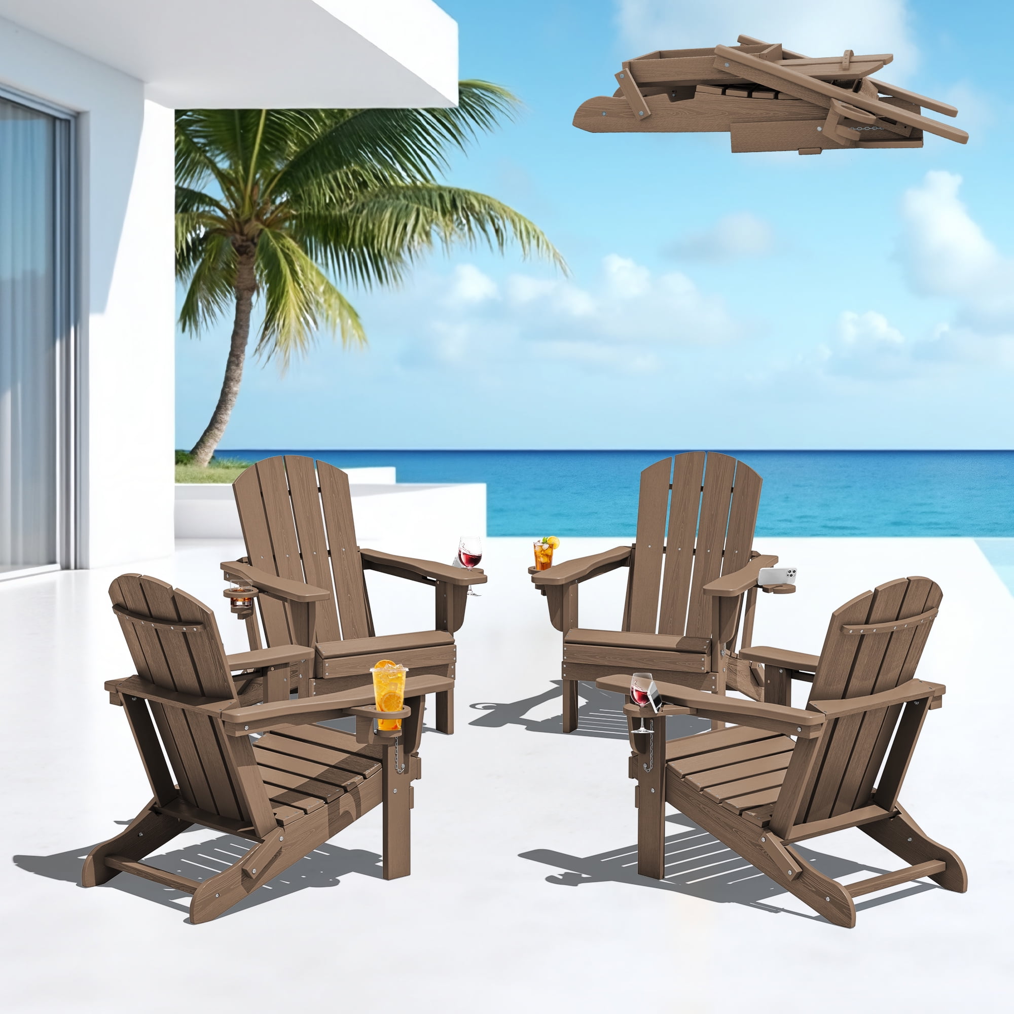 SERWALL Folding Adirondack Chair Set of 4 with Dual Cup Holders & Phone Holder, All-Weather HDPE Fire Pit Chairs for Outdoor, Patio, Poolside, Garden - Brown