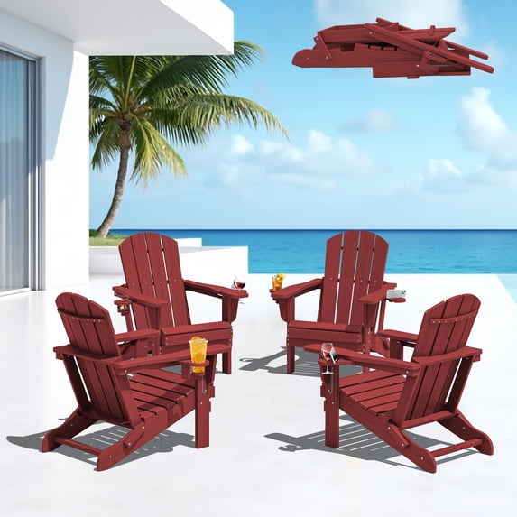 SERWALL Folding Adirondack Chair Set of 4 with Dual Cup Holders & Phone Holder, All-Weather HDPE Fire Pit Chairs for Outdoor, Patio, Poolside, Garden - Red
