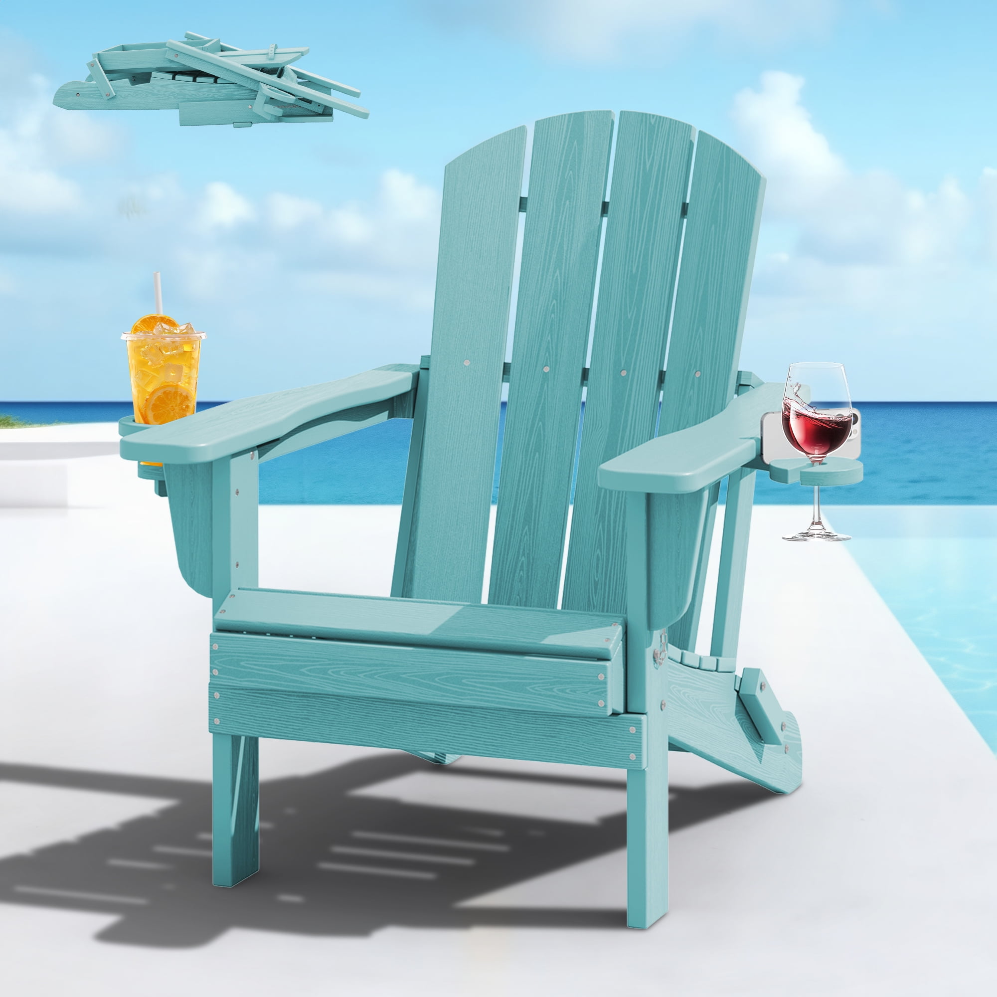 SERWALL Folding Adirondack Chair Set with Dual Cup Holders & Phone Holder, All-Weather HDPE Fire Pit Chairs for Outdoor, Patio, Poolside, Garden - Aruba