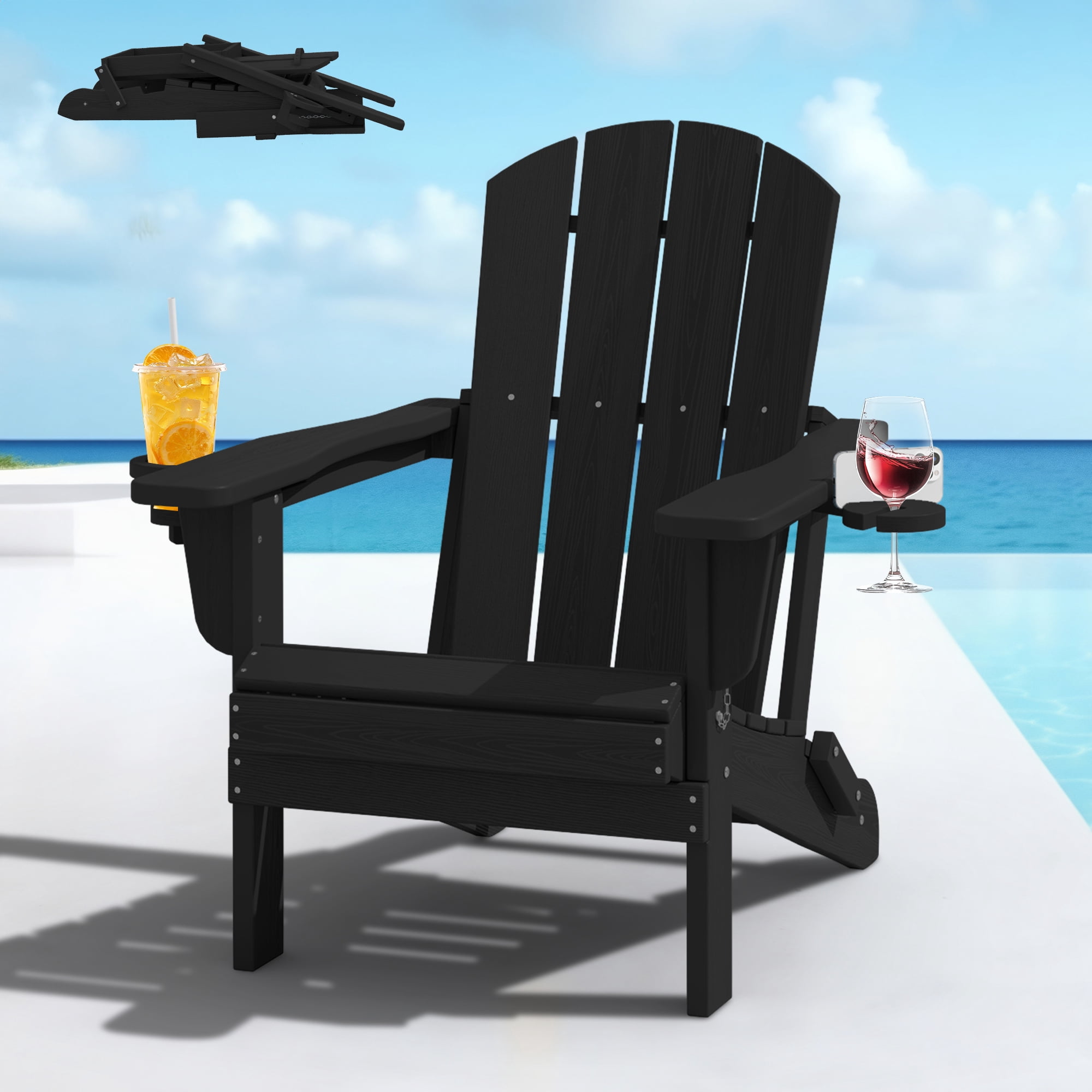 SERWALL, Folding Adirondack Chair, All-Weather, Black - Walmart.com