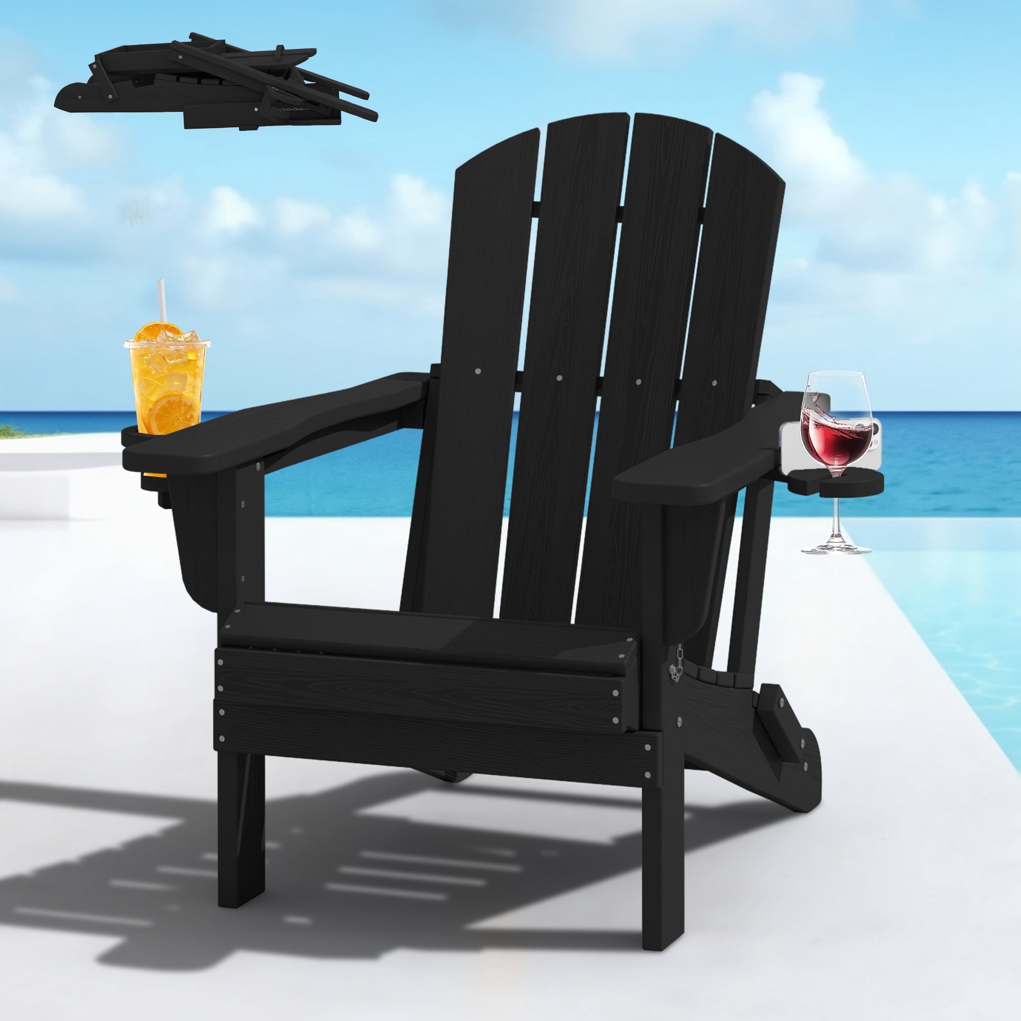 SERWALL Folding Adirondack Chair Set with Dual Cup Holders & Phone Holder, All-Weather HDPE Fire Pit Chairs for Outdoor, Patio, Poolside, Garden - Black
