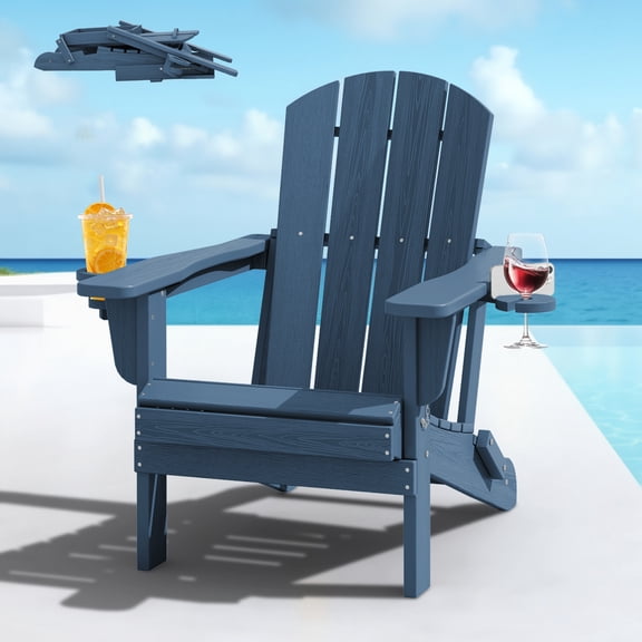 SERWALL Folding Adirondack Chair Set with Dual Cup Holders & Phone Holder, All-Weather HDPE Fire Pit Chairs for Outdoor, Patio, Poolside, Garden - Blue