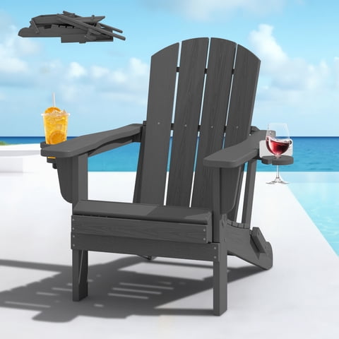 SERWALL Folding Adirondack Chair Set with Dual Cup Holders & Phone Holder, All-Weather HDPE Fire Pit Chairs for Outdoor, Patio, Poolside, Garden - Gray