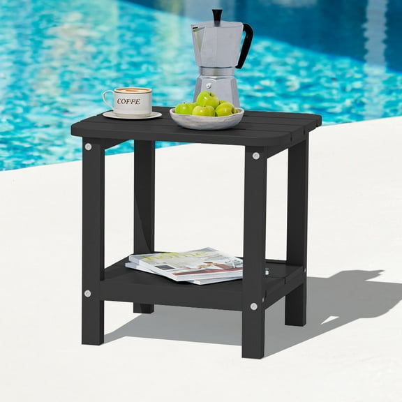SERWALL Adirondack Outdoor Side Table, All Weather Use Double Layer Patio Side Table, HIPS Rectangular End Table- Black