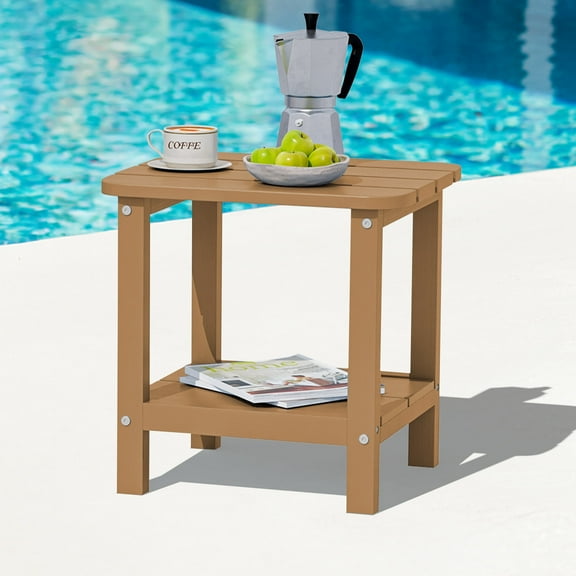 SERWALL Adirondack Outdoor Side Table, All Weather Use Double Layer Patio Side Table, HIPS Rectangular End Table- Brown