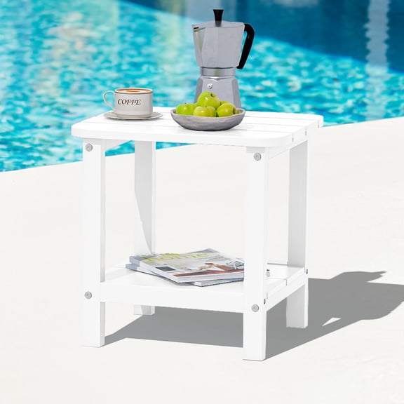 SERWALL Adirondack Outdoor Side Table, All Weather Use Double Layer Patio Side Table, HIPS Rectangular End Table- White