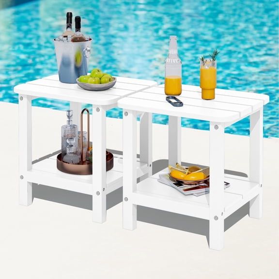 SERWALL Adirondack Outdoor Side Tables Set of 2, All Weather Use Double Layer Patio Side Table, HIPS Rectangular End Table- White