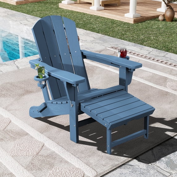 SERWALL Adjustable Folding Adirondack Chair with Footrest & Dual Cup Holders, HDPE Foldable Multifunctional Adirondack Chair with Ottoman for Patio, Outdoor, Garden, Blue