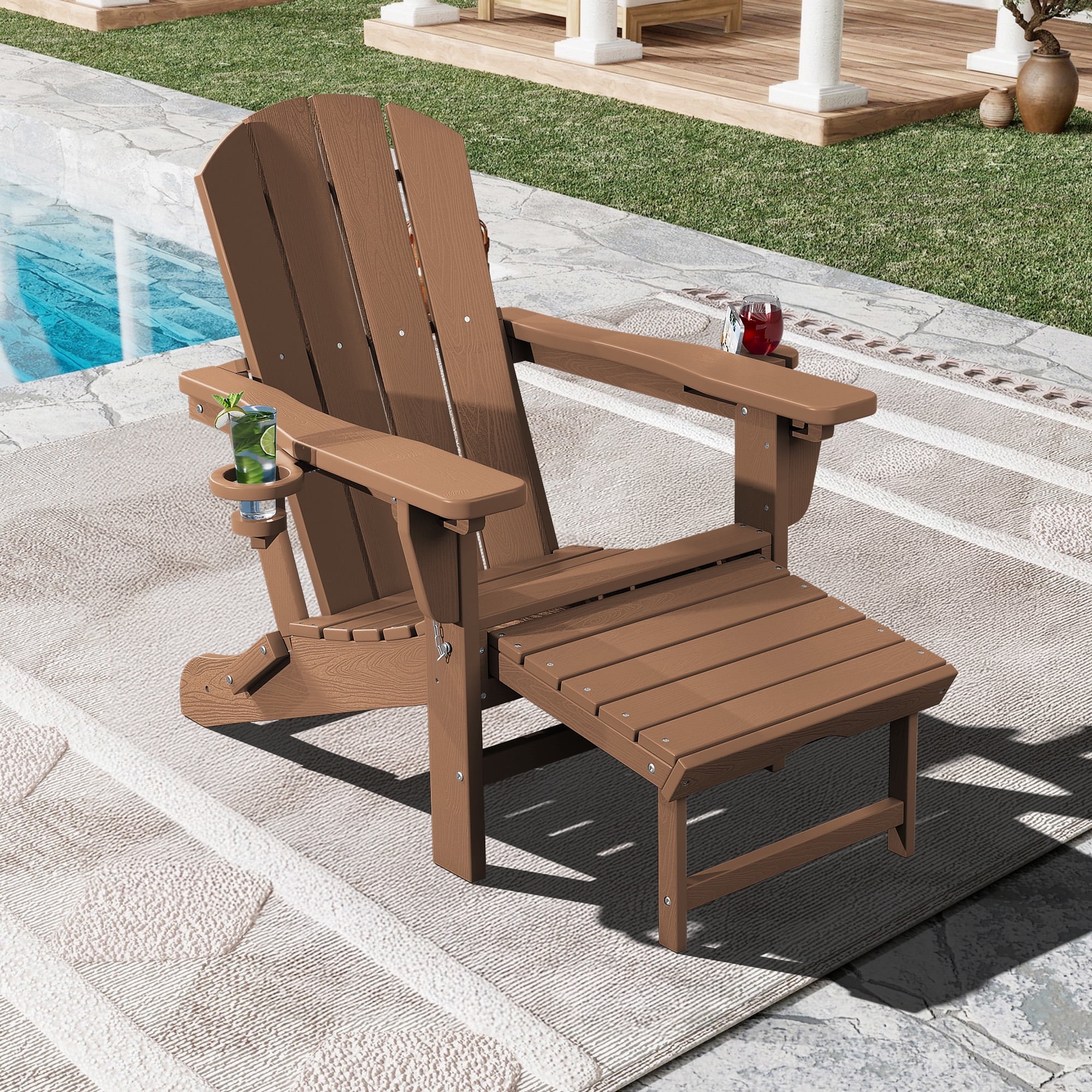 SERWALL Adjustable Folding Adirondack Chair with Footrest & Dual Cup Holders, HDPE Foldable Multifunctional Adirondack Chair with Ottoman for Patio, Outdoor, Garden, Brown
