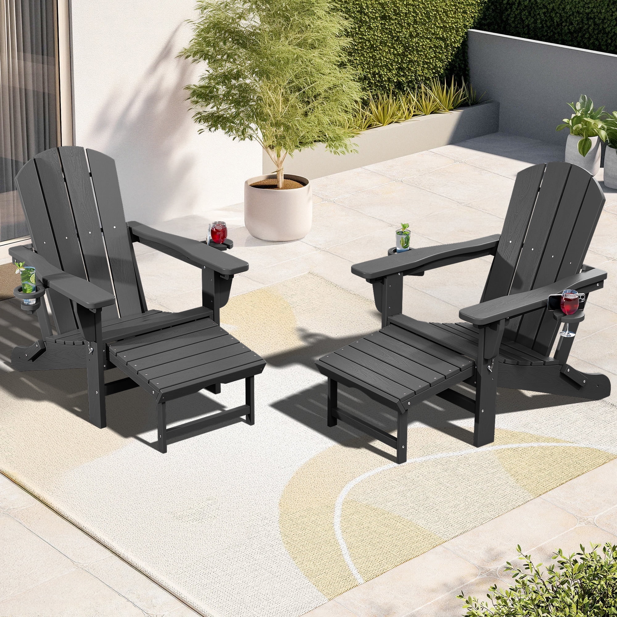 SERWALL Adjustable Folding Adirondack Chair with Footrest & Dual Cup Holders Set of 2, HDPE Foldable Multifunctional Adirondack Chair with Ottoman for Patio, Outdoor, Garden, Gray - Walmart.com