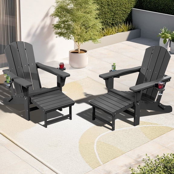 SERWALL Adjustable Folding Adirondack Chair with Footrest & Dual Cup Holders Set of 2, HDPE Foldable Multifunctional Adirondack Chair with Ottoman for Patio, Outdoor, Garden, Gray
