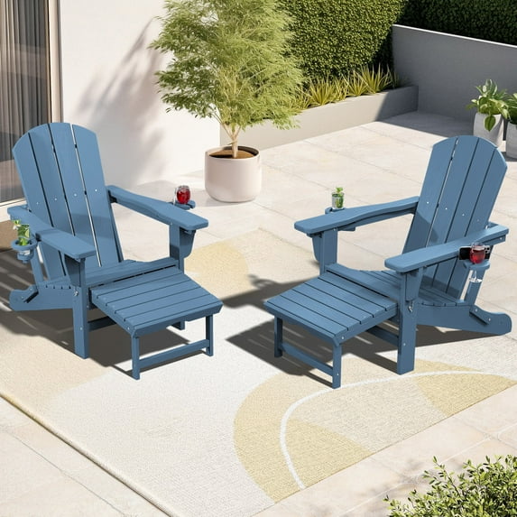 SERWALL Adjustable Folding Adirondack Chair with Footrest & Dual Cup Holders Set of 2, HDPE Foldable Multifunctional Adirondack Chair with Ottoman for Patio, Outdoor, Garden, Blue