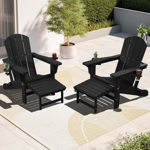 SERWALL Adjustable Folding Adirondack Chair with Footrest & Dual Cup Holders Set of 2, HDPE Foldable Multifunctional Adirondack Chair with Ottoman for Patio, Outdoor, Garden, Black