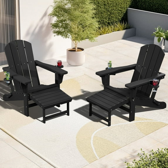 SERWALL Adjustable Folding Adirondack Chair with Footrest & Dual Cup Holders Set of 2, HDPE Foldable Multifunctional Adirondack Chair with Ottoman for Patio, Outdoor, Garden, Black