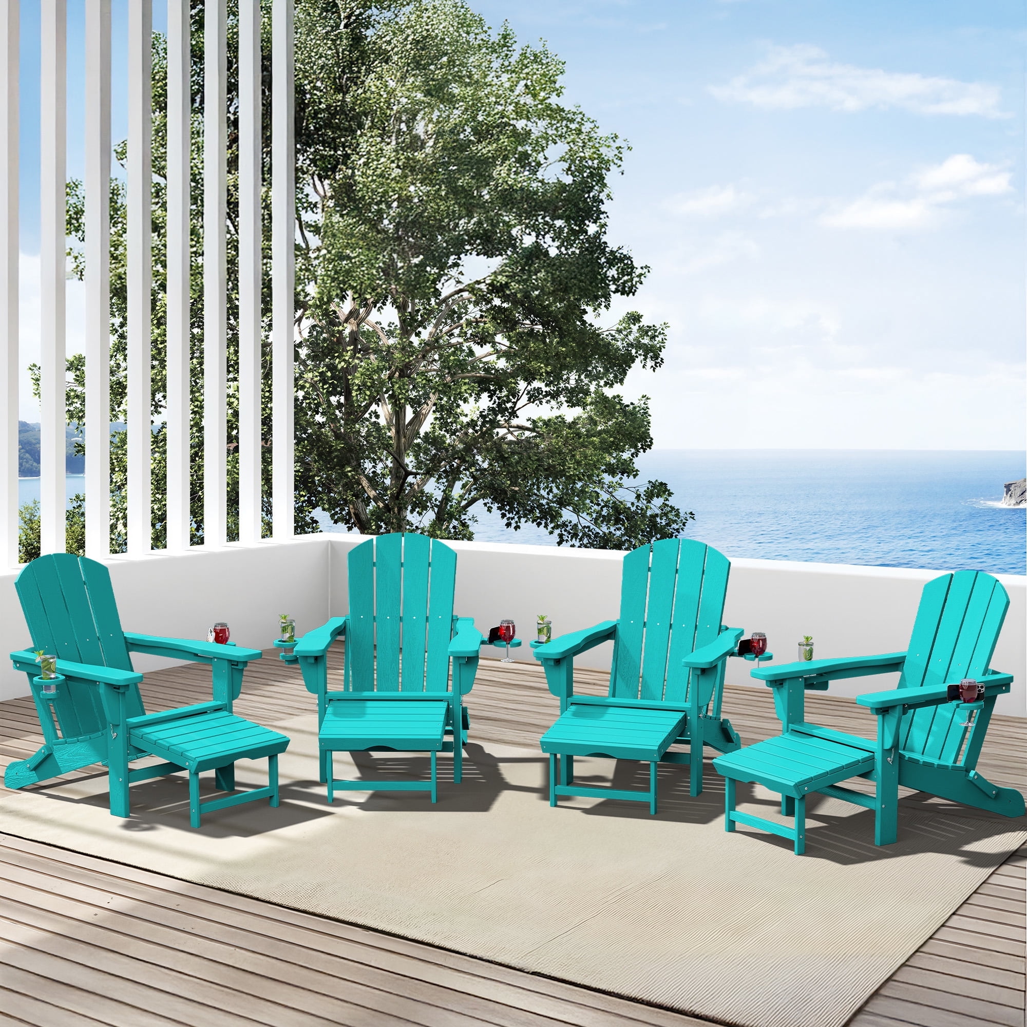 SERWALL Adjustable Folding Adirondack Chair with Footrest & Dual Cup Holders Set of 4, HDPE Foldable Multifunctional Adirondack Chair with Ottoman for Patio, Outdoor, Garden, Aruba