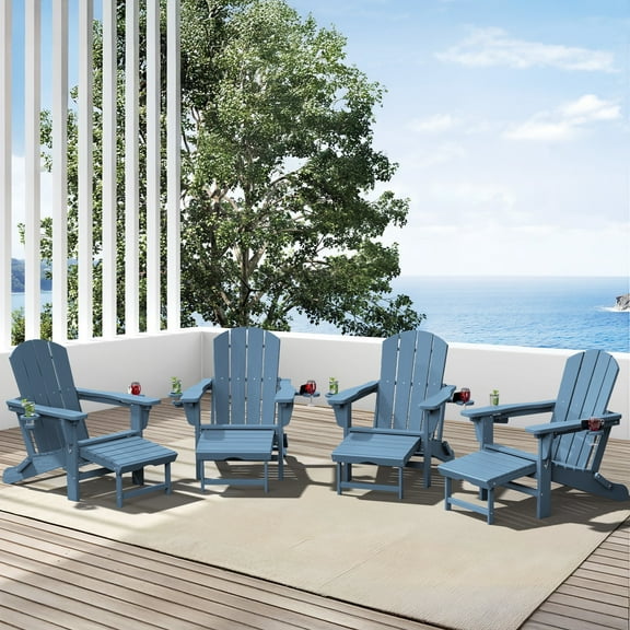 SERWALL Adjustable Folding Adirondack Chair with Footrest & Dual Cup Holders Set of 4, HDPE Foldable Multifunctional Adirondack Chair with Ottoman for Patio, Outdoor, Garden, Blue