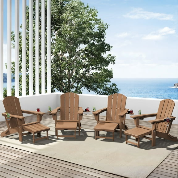 SERWALL Adjustable Folding Adirondack Chair with Footrest & Dual Cup Holders Set of 4, HDPE Foldable Multifunctional Adirondack Chair with Ottoman for Patio, Outdoor, Garden, Brown