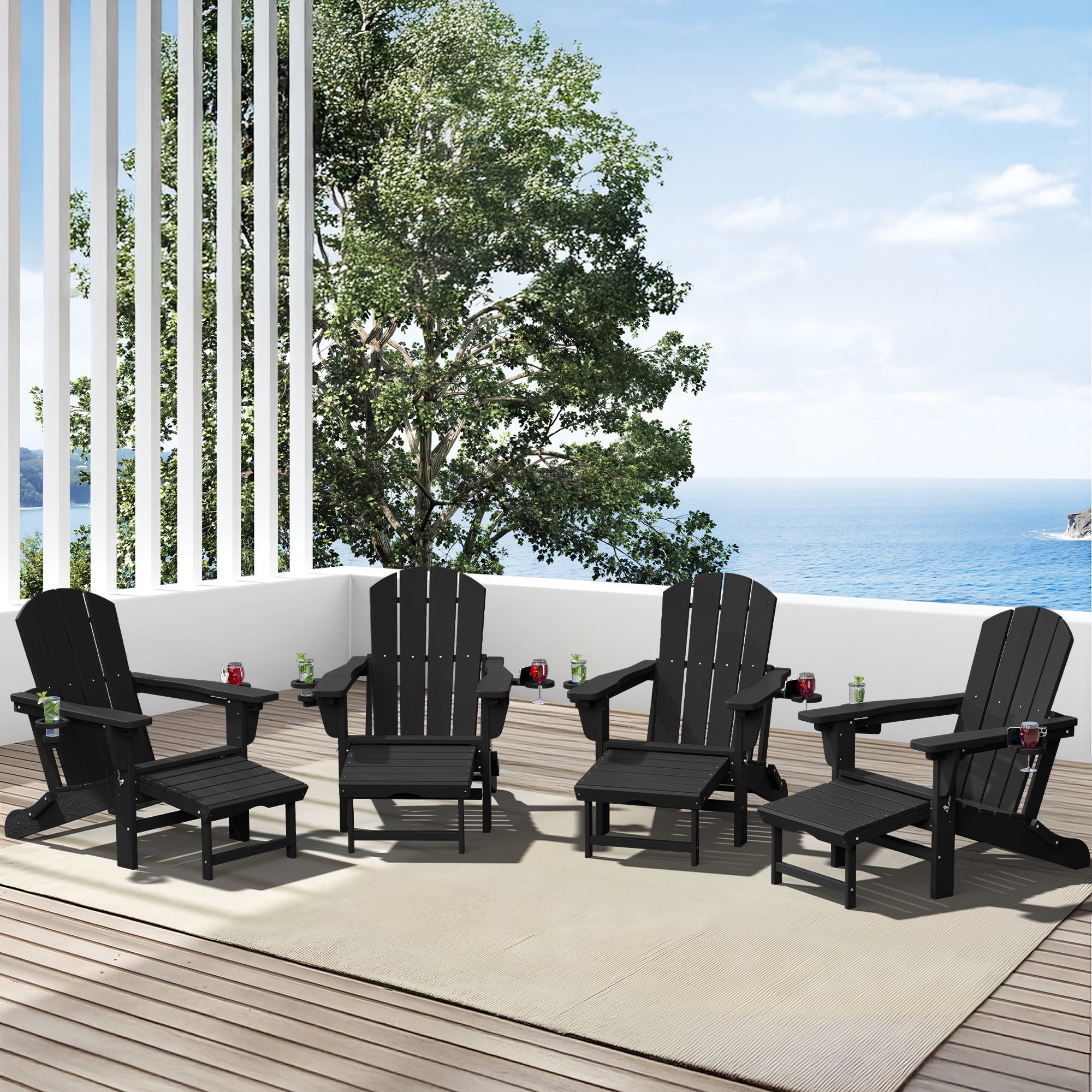 SERWALL Adjustable Folding Adirondack Chair with Footrest & Dual Cup Holders Set of 4, HDPE Foldable Multifunctional Adirondack Chair with Ottoman for Patio, Outdoor, Garden, Black