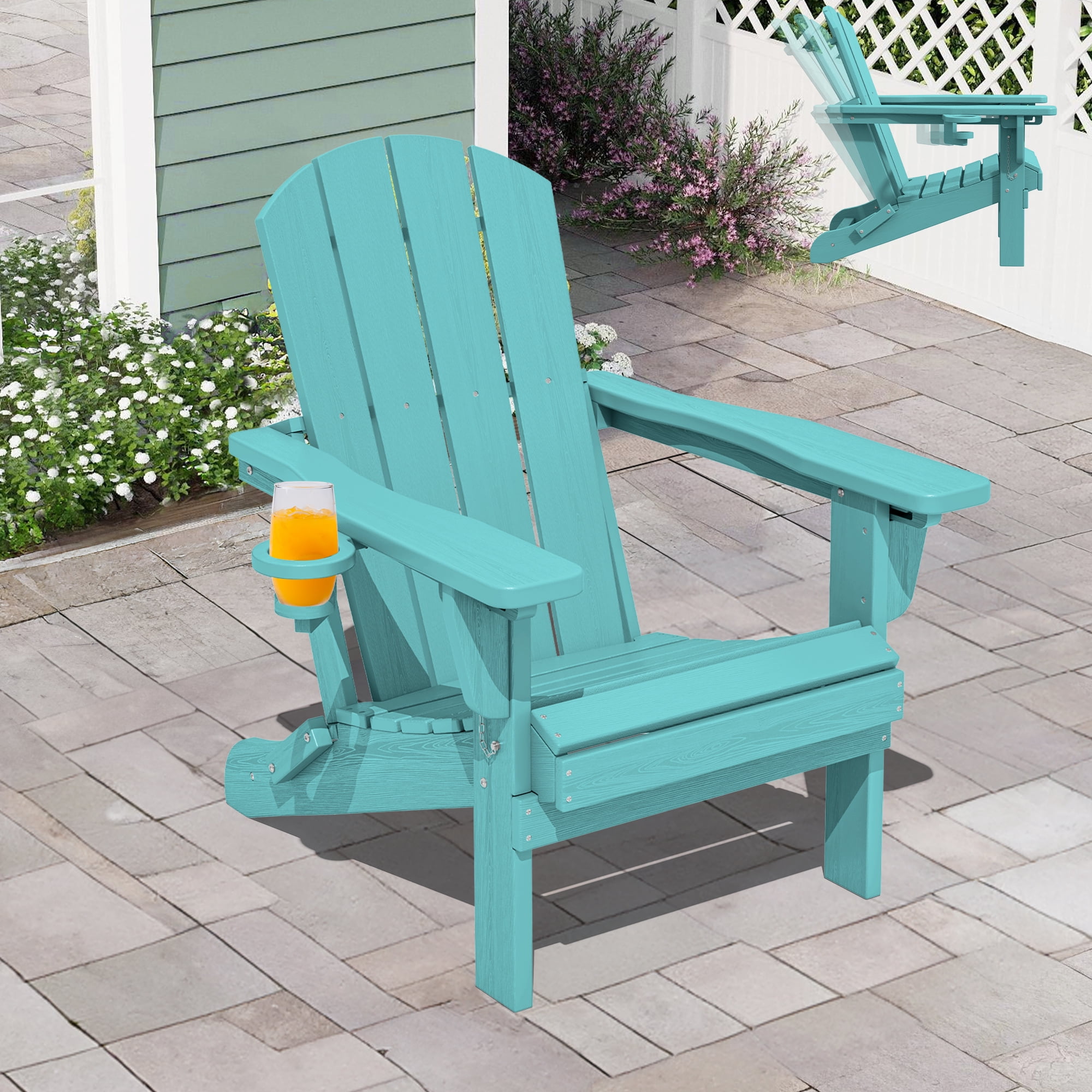 SERWALL Adjustable Folding HDPE Adirondack Chair Outdoor with Cup Holder, for Outdoor, Patio, Poolside, Garden, Aruba Blue