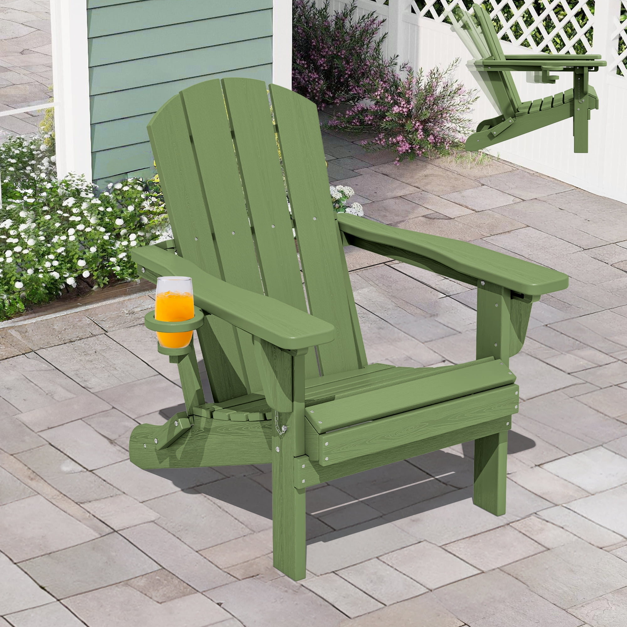 SERWALL Adjustable Folding HDPE Adirondack Chair Outdoor with Cup Holder, for Outdoor, Patio, Poolside, Garden, Avocado