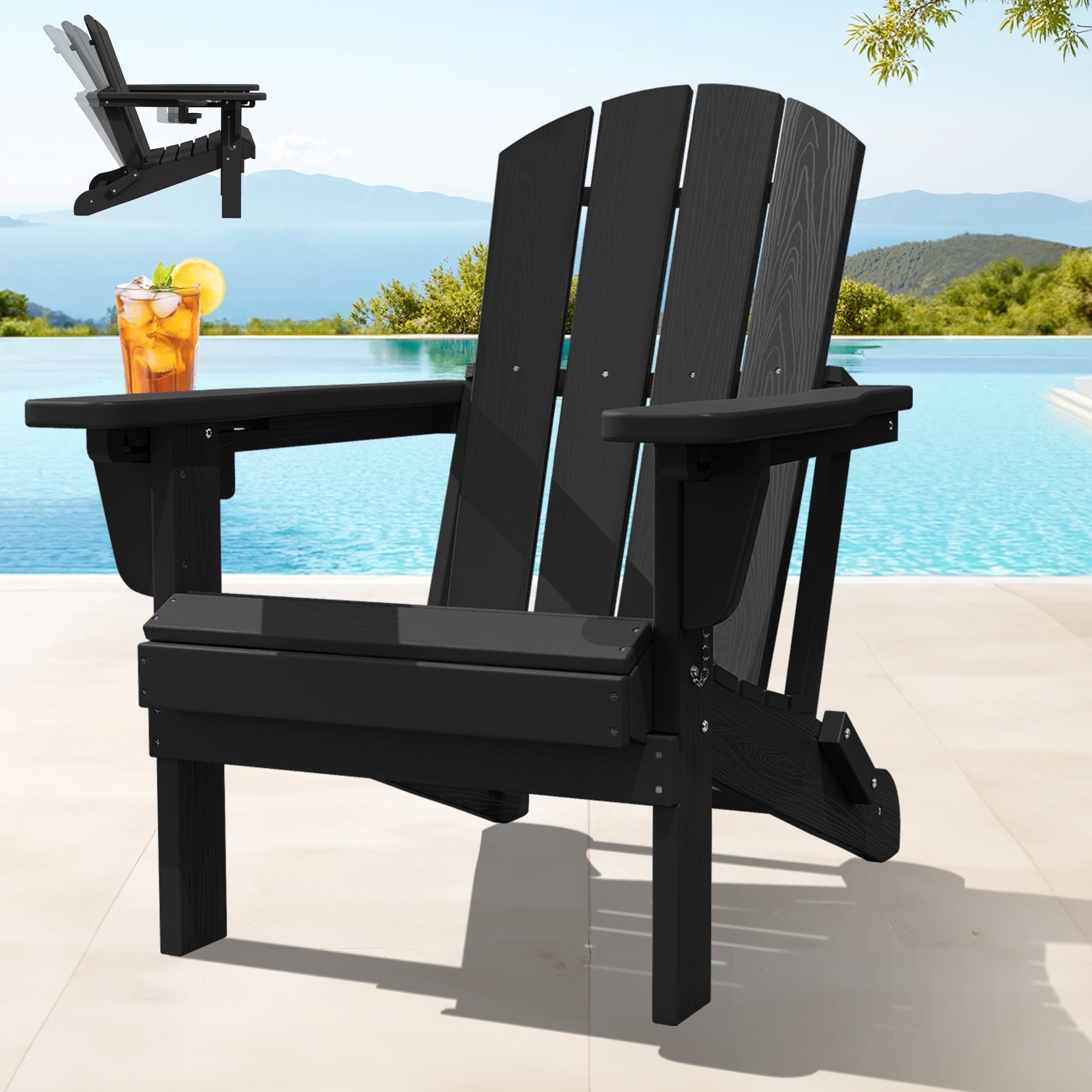 SERWALL Adjustable Folding HDPE Adirondack Chair Outdoor with Cup Holder, Black