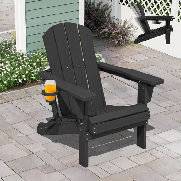 SERWALL Adjustable Folding HDPE Adirondack Chair Outdoor with Cup Holder, Black