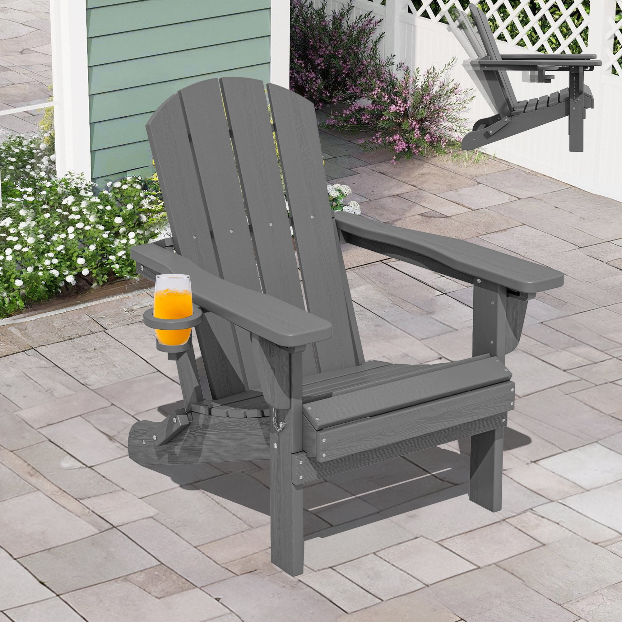 SERWALL Adjustable Folding HDPE Adirondack Chair Outdoor with Cup Holder, for Outdoor, Patio, Poolside, Garden, Gray