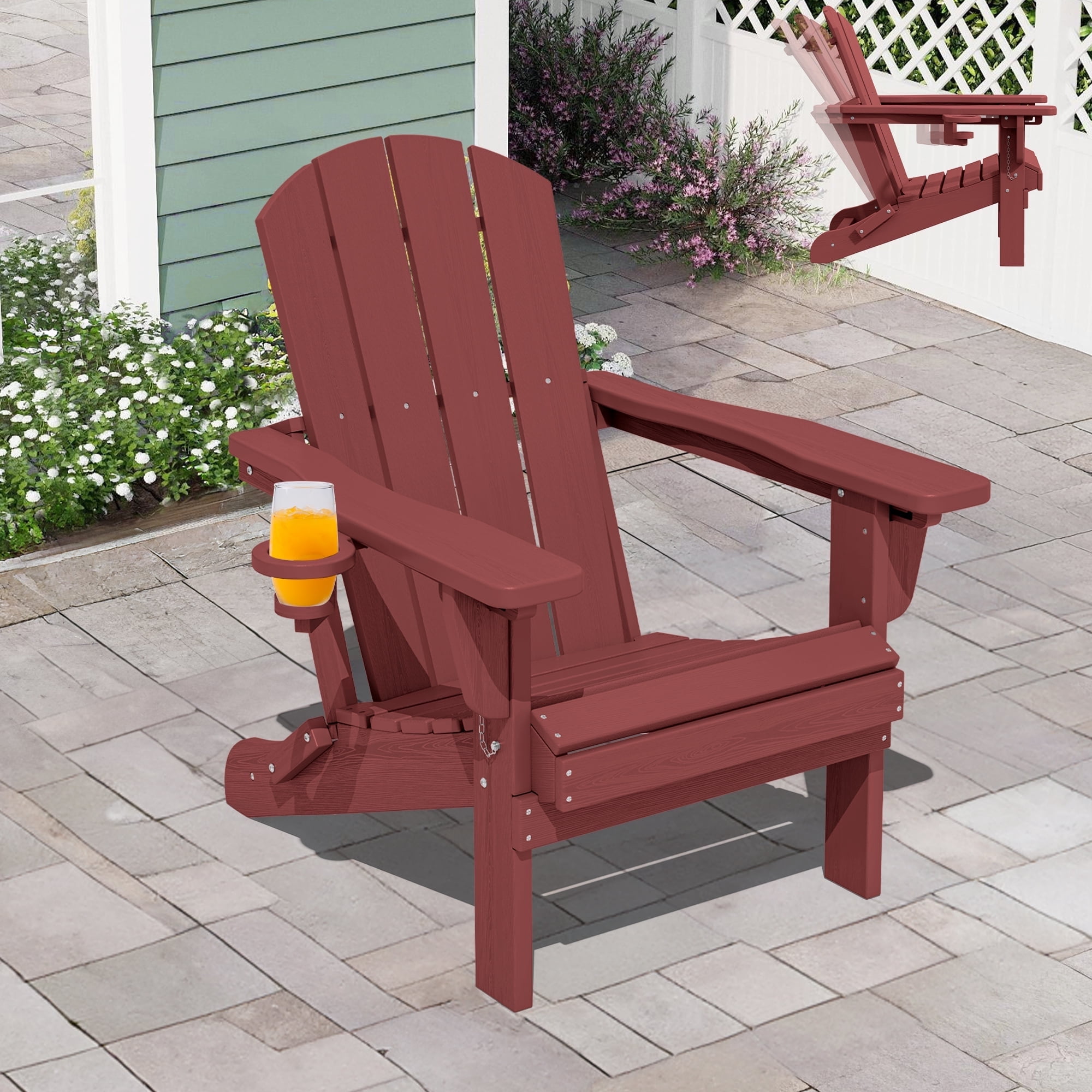 SERWALL Adjustable Folding HDPE Adirondack Chair Outdoor with Cup Holder, Red