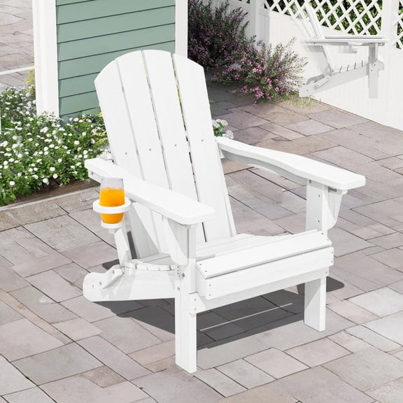 SERWALL Adjustable Folding HDPE Adirondack Chair Outdoor with Cup Holder, for Outdoor, Patio, Poolside, Garden, White