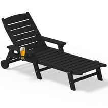 SERWALL Adjustable Wheeled HDPE Plastic Outdoor Patio Lounge Chair W/ Cup Holder,64.1"x25.1"x16.3", Black