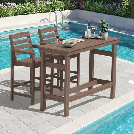 SERWALL All Weather HDPE Outdoor Patio Bar Set, Adirondack Bar Chairs Set of 2 and Bar Height Table, Brown