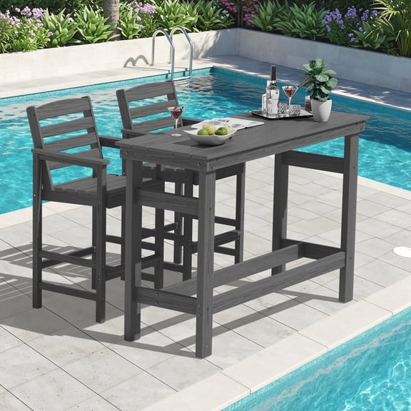 SERWALL All Weather HDPE Outdoor Patio Bar Set, Adirondack Bar Chairs Set of 2 and Bar Height Table, Grey