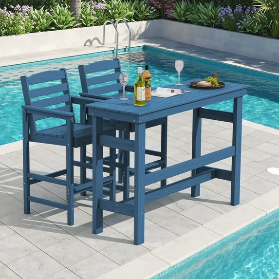 SERWALL All Weather HDPE Outdoor Patio Bar Set, Adirondack Bar Chairs Set of 2 and Bar Height Table, Navy