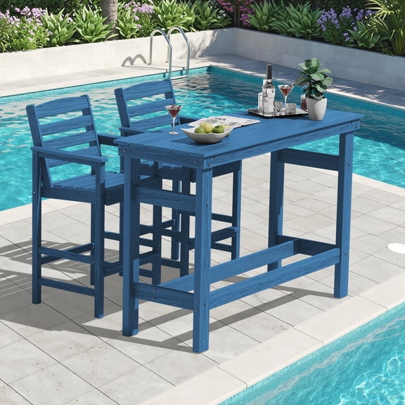 SERWALL All Weather HDPE Outdoor Patio Bar Set, Adirondack Chairs Set of 2 and Bar Height Table, Navy