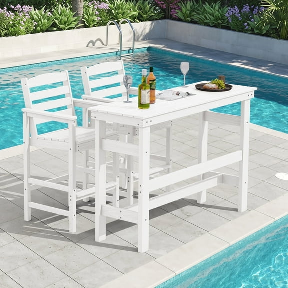 SERWALL All Weather HDPE Outdoor Patio Bar Set, Adirondack Chairs Set of 2 and Bar Height Table, White