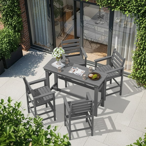 SERWALL All Weather HDPE Outdoor Patio Bar Set, Adirondack Chairs Set of 4 and Bar Height Table, Grey