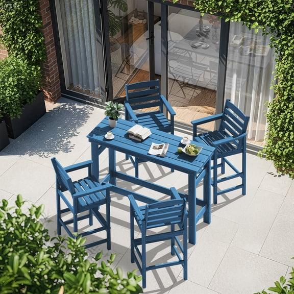 SERWALL All Weather HDPE Outdoor Patio Bar Set, Adirondack Bar Chairs Set of 4 and Bar Height Table, Navy