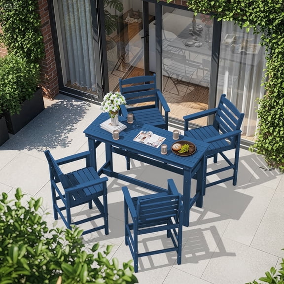 SERWALL All Weather HDPE Outdoor Patio Bar Set, Adirondack Bar Chairs Set of 4 and Bar Height Table, Navy