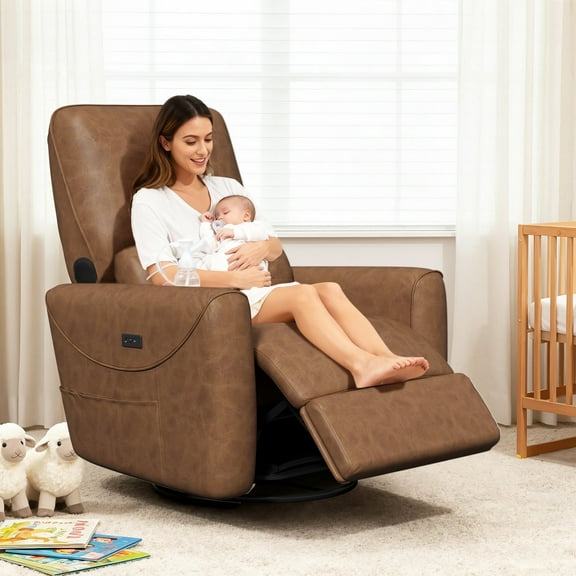 SERWALL Bluetooth Nursery Rocking Chair with 270° Swivel, Swiverl Glider Rocking Chair with USB-C Port & Speaker, Faux Leather Brown