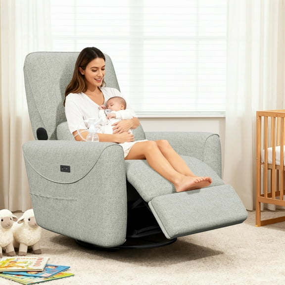 SERWALL Bluetooth Nursery Rocking Chair with 270° Swivel, Swiverl Glider Rocking Chair with USB-C Port & Speaker, Faux Leather Gray