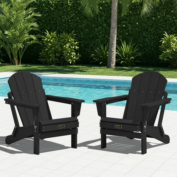 SERWALL Foldable Adirondack Chair Set of 2, Patio Seat, Weather Resistant Adirondack Chair for Patio, Garden, Outdoor Fire Pit Chairs, Black