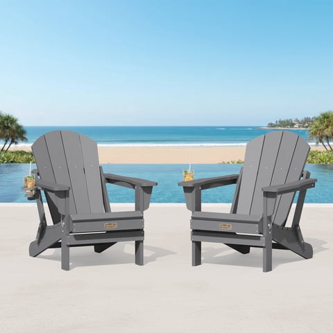 SERWALL Folding Adirondack Chair with Cup Holder Set of 2, Weather Resistant Adirondack Chair for Patio Garden Outdoors Fire Pit - Grey
