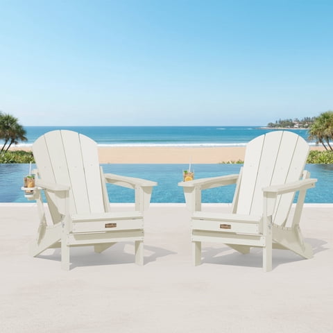 SERWALL Folding Adirondack Chair with Cup Holder Set of 2, Weather Resistant Adirondack Chair for Patio Garden Outdoors Fire Pit - White