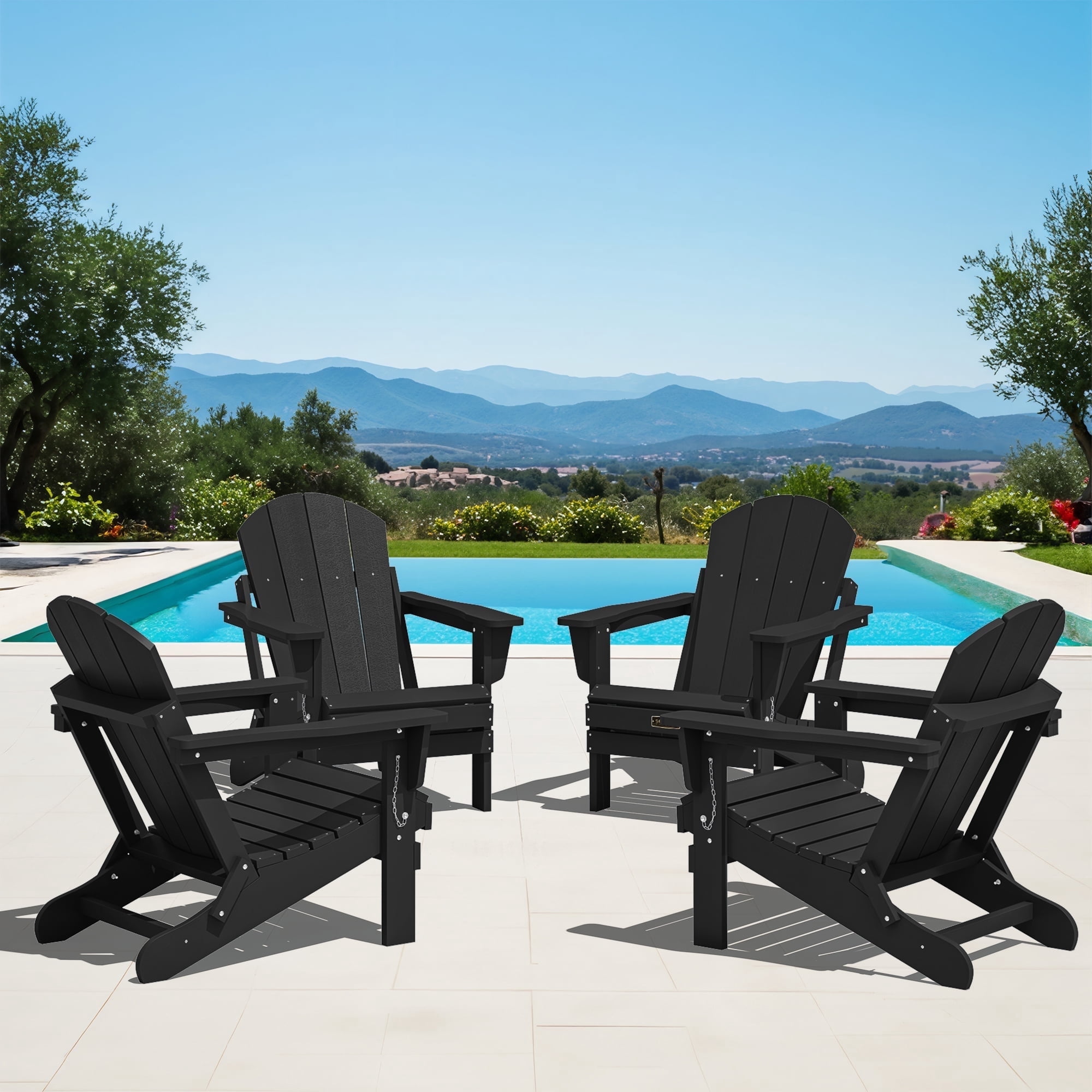 SERWALL Foldable Adirondack Chair Set of 4, Oversized All-Weather Outdoor Patio Chairs, HIPS Plastic Adirondack Chair for Garden Fire Pit - Black