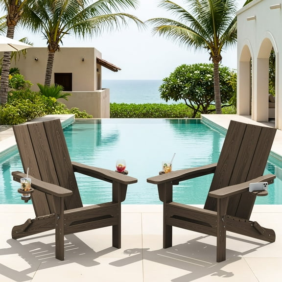 SERWALL Folding Adirondack Chair Set of 2 with Dual Cup Holders & Phone Holder, All-Weather HDPE Patio Chairs for Lawn, Garden, Deck, Outdoor Fire Pit Chair, Brown