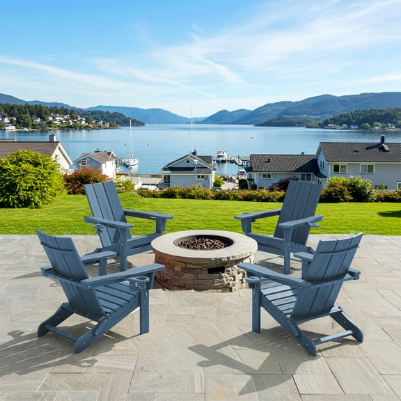 SERWALL Folding Adirondack Chair Set of 4 with Dual Cup Holders & Phone Holder, All-Weather HDPE Patio Chairs for Lawn, Garden, Deck, Outdoor Fire Pit Chair, Blue