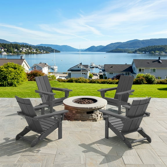 SERWALL Folding Adirondack Chair Set of 4 with Dual Cup Holders & Phone Holder, All-Weather HDPE Patio Chairs for Lawn, Garden, Deck, Outdoor Fire Pit Chair, Gray