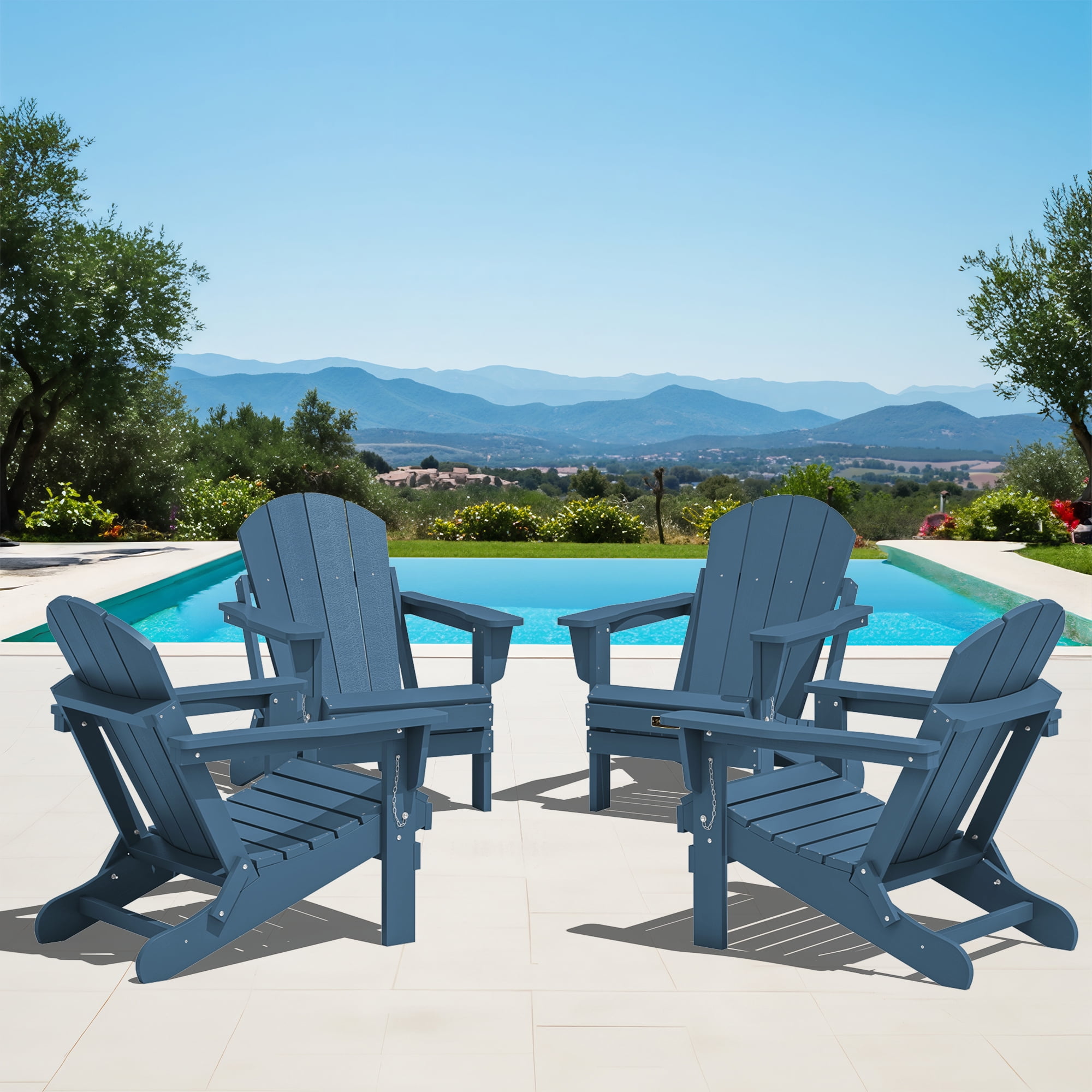 SERWALL Folding Adirondack Chair Set of 4, Patio Seat, Weather Resistant Adirondack Chairs for Patio, Garden, Outdoor Fire Pit Chair, Blue