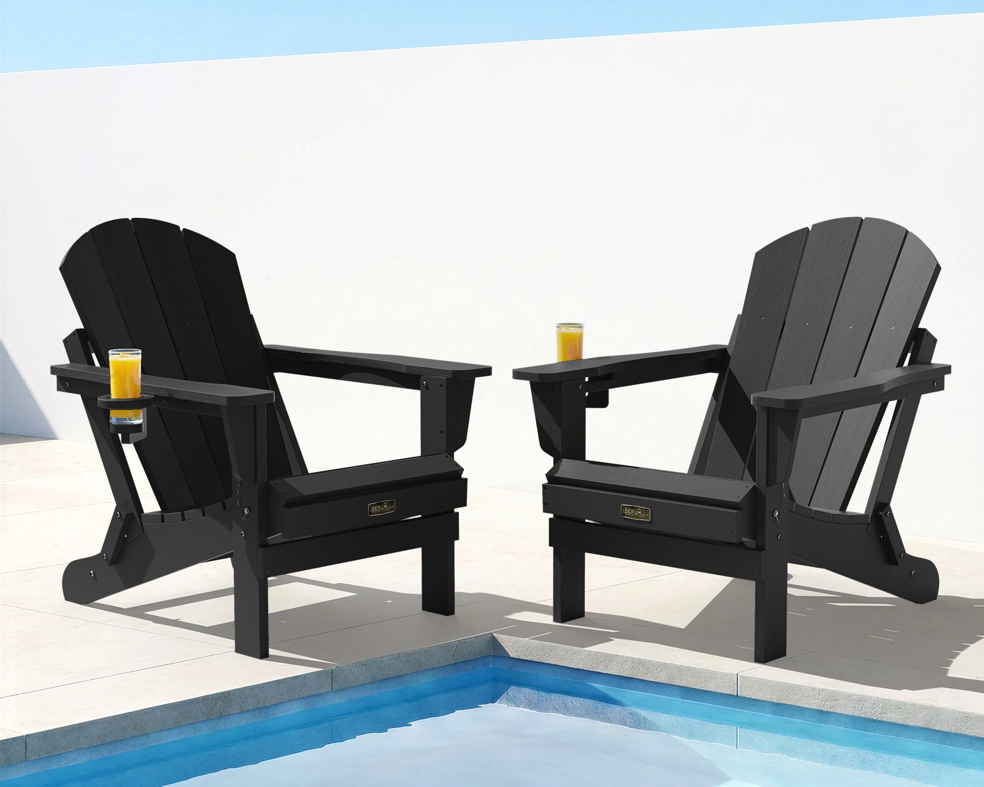 SERWALL Folding Adirondack Chair Set of 2 with Cup Holder, All Weather Outdoor Patio Adirondack Chairs, Durable HIPS Fire Pit Chairs for Deck, Garden, Black